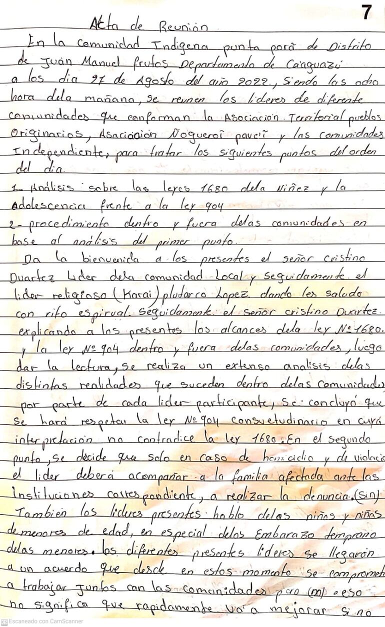 Documento suscrito entre los líderes de unas 30 comunidades de aborígenes y representantes de instituciones estatales, en Juan Manuel Frutos, departamento de Caaguazú.