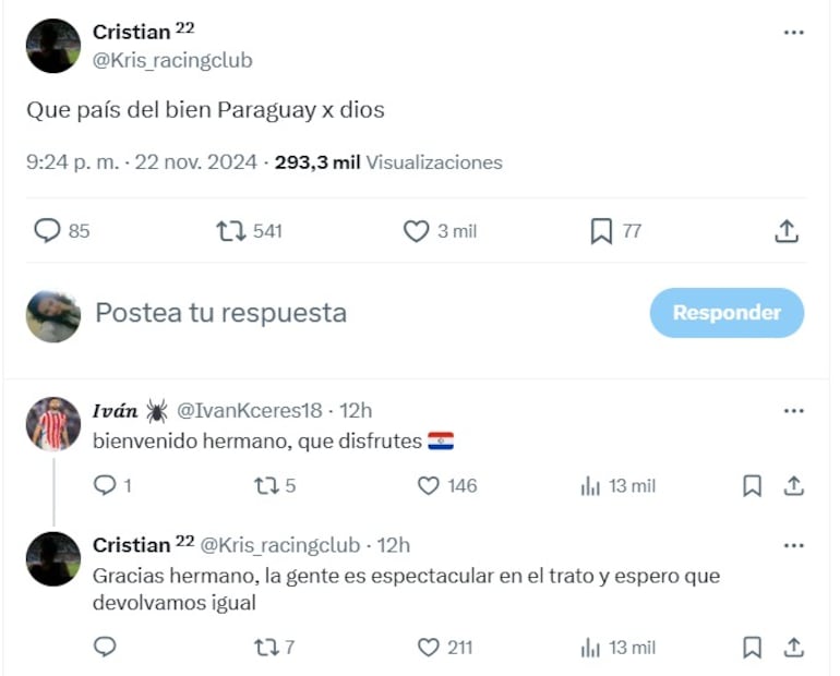 Comentarios en redes sociales sobre la hospitalidad de Paraguay.