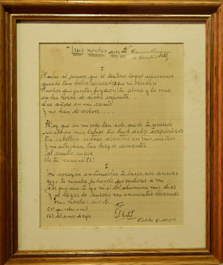 El manuscrito de la famosa guarania "Mis noches sin ti" también se puede apreciar en esta exhibición.