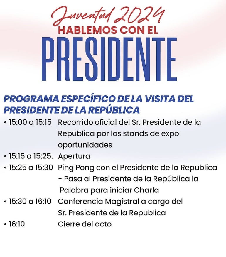 Programa de actividades prevista por el presidente de la república, Santiago Peña.