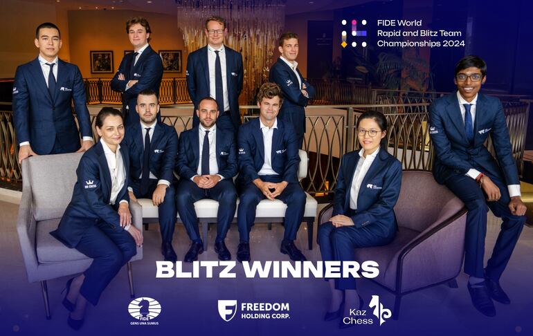 Campeones del Mundial Blitz por Equipos 2024, liderados por Magnus Carlsen (Foto María Emelianova).