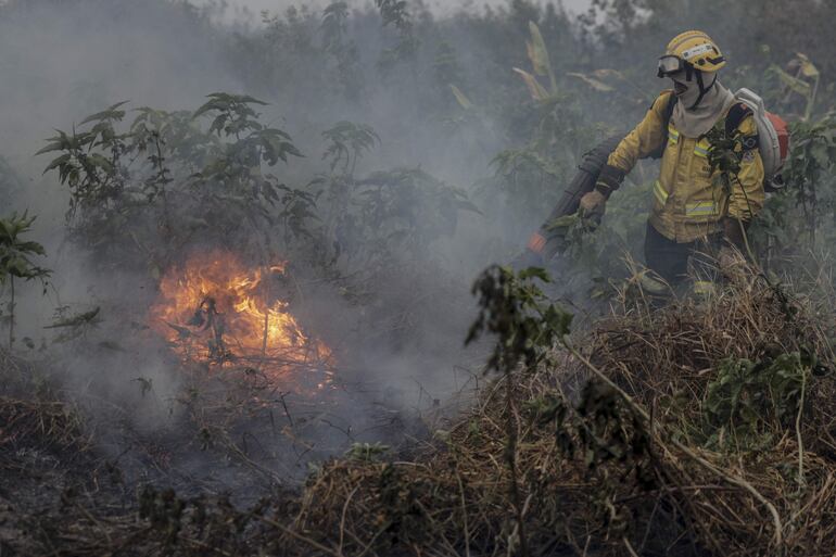 Brigadistas trabajan en la extinción de un incendio este sábado en el Pantanal (Brasil). Una caída de las temperaturas y una llovizna en la región del Pantanal ayudaron este sábado a combatir los incendios que se han intensificado en las últimas semanas en ese humedal compartido por Brasil, Bolivia y Paraguay.