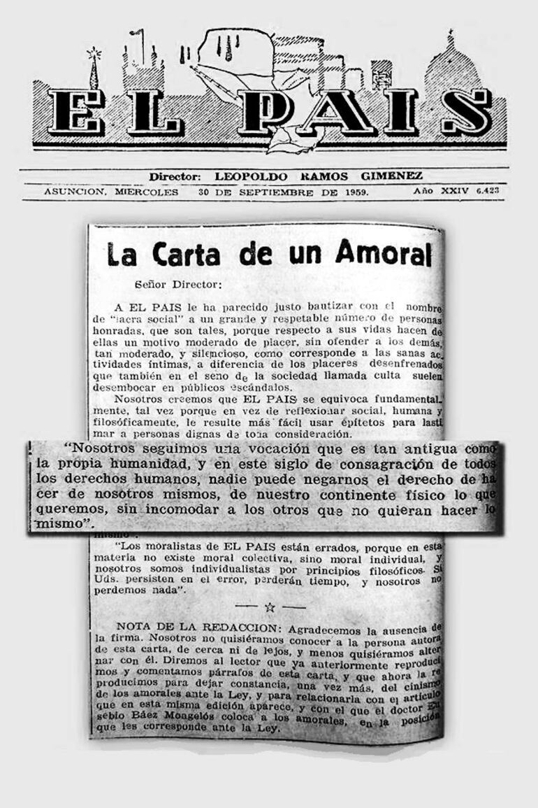 "Carta de un Amoral", El País, Asunción, Paraguay, 30 de septiembre de 1959, página 2.