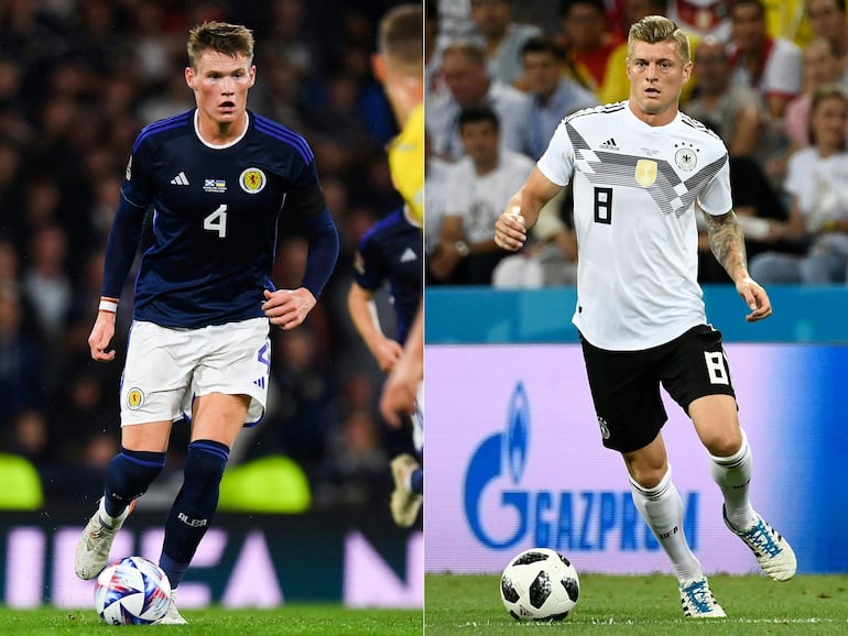 (COMBO) This combination of pictures created on June 12, 2024 shows Scotland's midfielder Scott McTominay (L) running with the ball during the UEFA Nations League B Group 1 football match at Hampden Park stadium, in Glasgow, on September 21, 2022; and Germany's midfielder Toni Kroos running with the ball during the Russia 2018 World Cup Group F football match between Germany and Sweden at the Fisht Stadium in Sochi on June 23, 2018. (Photo by ANDY BUCHANAN and Jonathan NACKSTRAND / AFP)