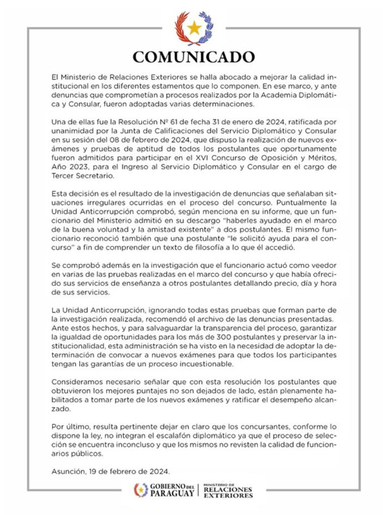 Cancillería emitió un comunicado en el que asegura que se demostraron irregularidades, pero no en el caso de la denunciante.