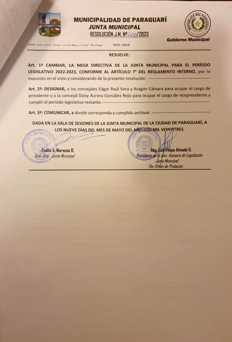 Por resolución N°228/2023 fue cambiada la mesa directiva de la Junta Municipal de Paraguarí.