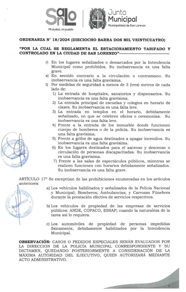 En listado se puede observar los lugares en donde está prohibido estacionar en San Lorenzo.