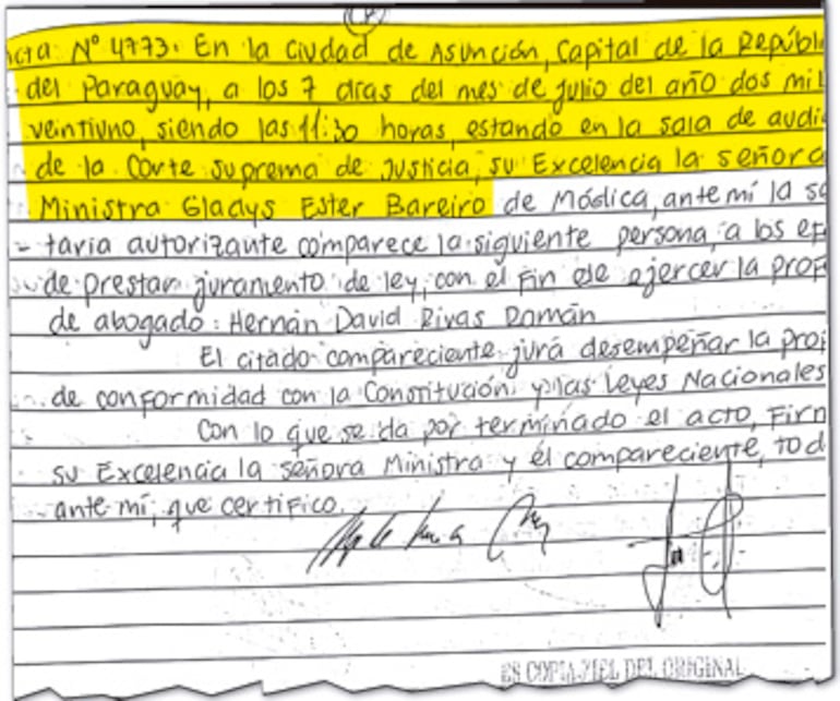 Documento de la CSJ donde señala que supuestamente la fallecida Gladys Bareiro le tomó juramento a Rivas el 7 de julio de 2021.