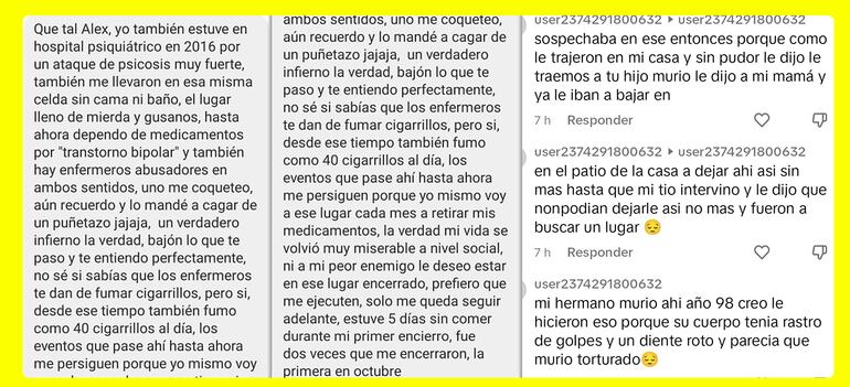 Múltiples denuncias de pacientes del Hospital Psiquiátrico, familiares o testigos.