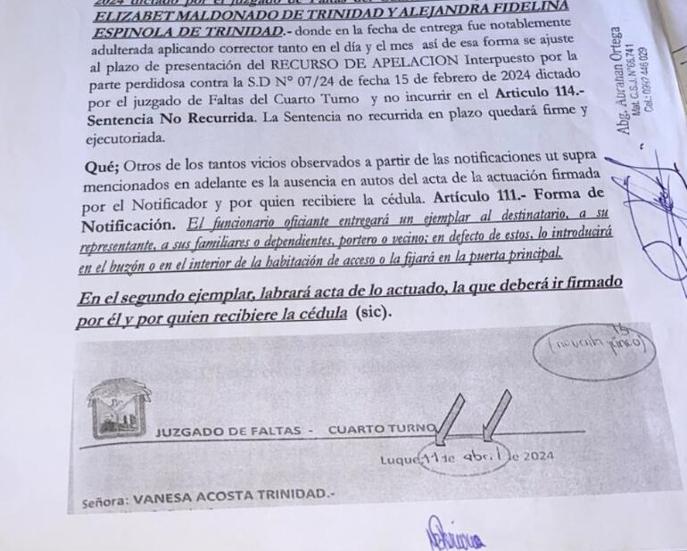 Recurso de reconsideración presentado ante el juzgado de faltas denunciando alteración de documento en fecha y mes.