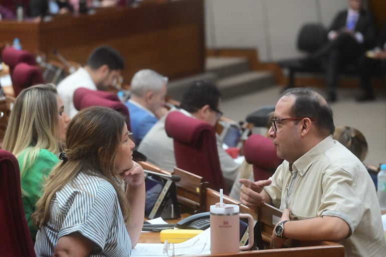 El diputado Avelino Dávalos (der) conversando ayer con sus colegas Cristina Villalba y Fabiana Souto durante la sesión extraordinaria de Diputados.