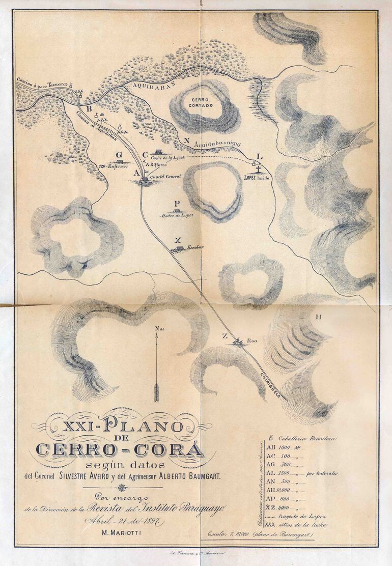 Mapa de Cerro Corá realizado con las indicaciones del Cnel.  Silvestre Aveiro, por el agrimensor Alberto Baumgart.   El  camino A-L lo tomó López desde su Cuartel hasta donde fue asesinado.