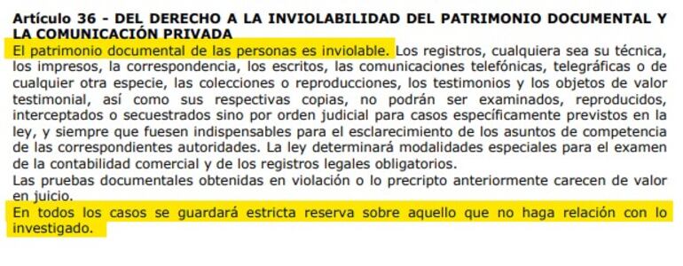 Artículo 36 de la CN que hace referencia a la inviolabilidad del patrimonio documental y comunicación privada.