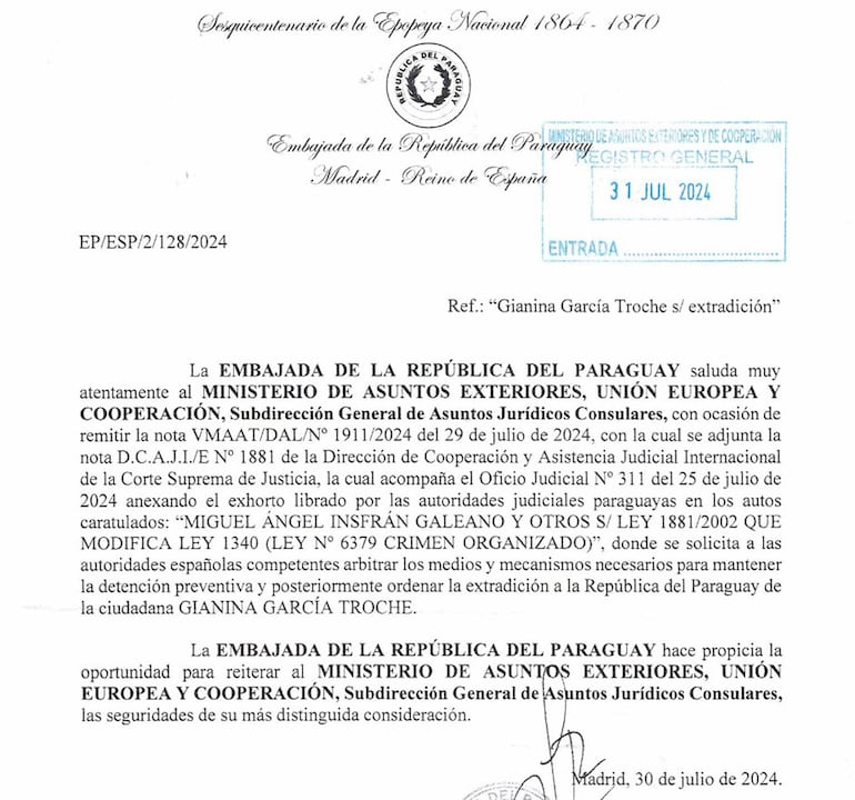  Documento recibido por las autoridades de España, remitido por Paraguay solicitando la extradición de la uruguaya Gianina García Troche.