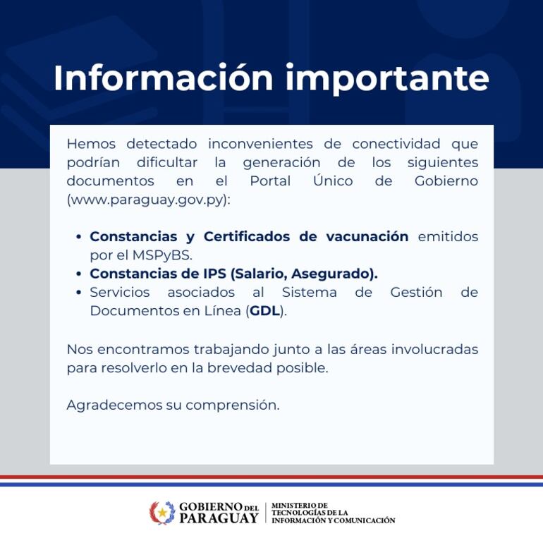 Comunicado del Mitic sobre los inconvenientes en el acceso a documentos digitales.