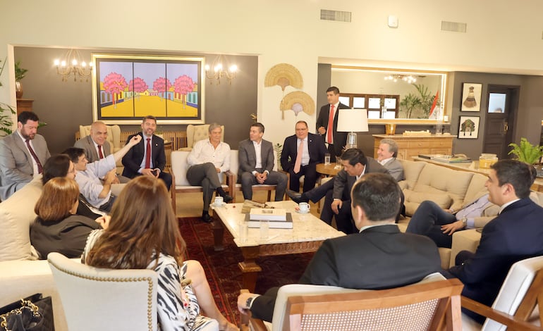 Senadores se reunieron con el Presidente de la República, Santiago Peña en Mburuvicharóga. (gentileza).