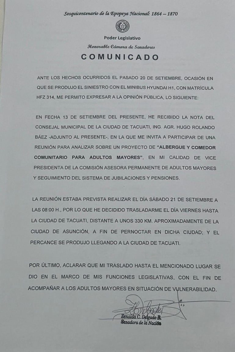 Comunicado de Zenaida Delgado para justificar su presencia en Tacuatí, donde se incendió un minibús del Congreso en el cual viajaba con su novio, quien coincidentemente es de dicha localidad.