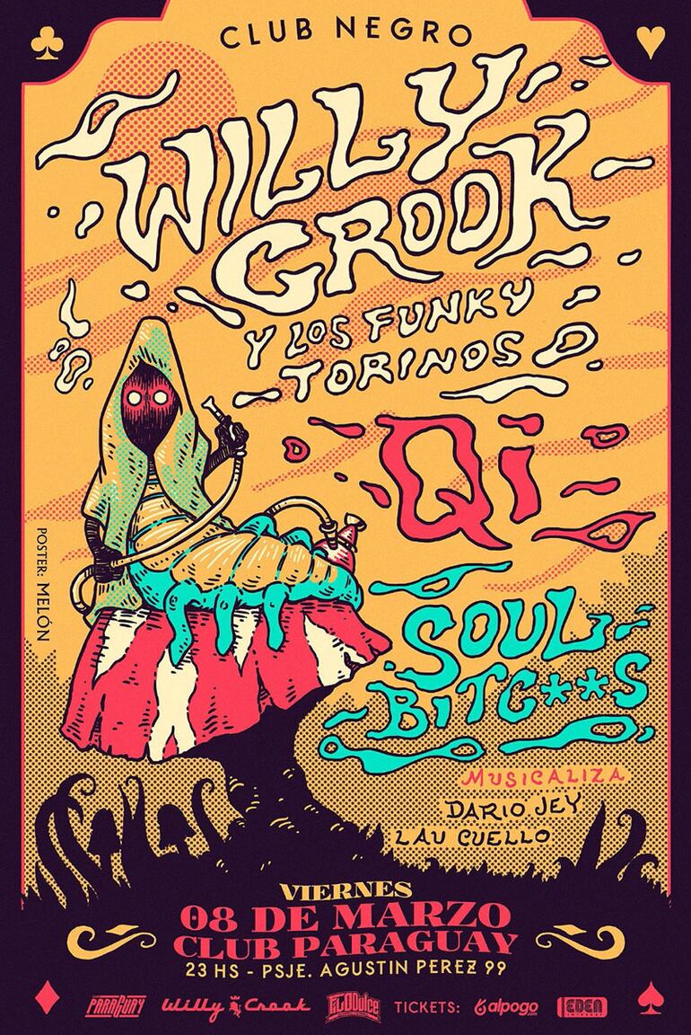 Afiche de un concierto de Willy Crook y sus Funky Torinos, marzo del 2019.