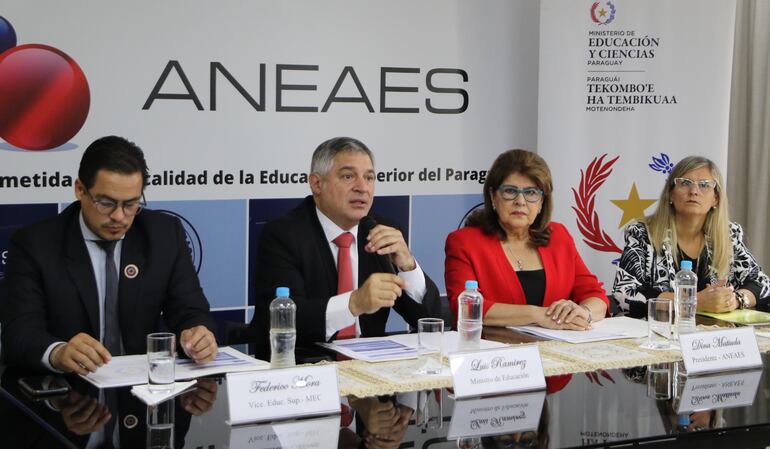 De izquierda a derecha: Federico Mora, viceministro de Educación Superior y presidente del Cones, Luis Ramírez, ministro del MEC, y Dina Matiauda Sarubbi, Presidenta del Consejo Directivo de la ANEAES.