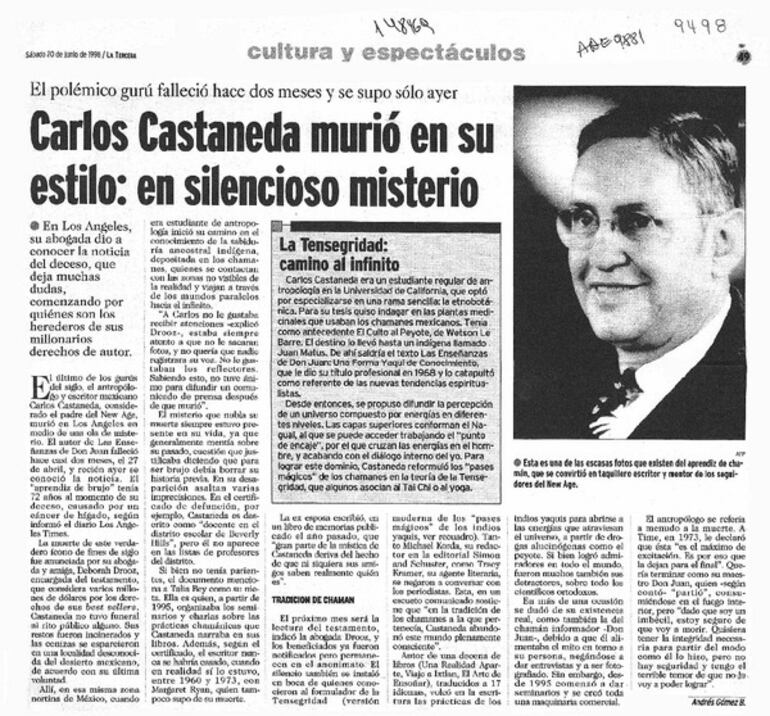 Obituario de Carlos Castaneda en el diario chileno "La Tercera", 20 de junio de 1998