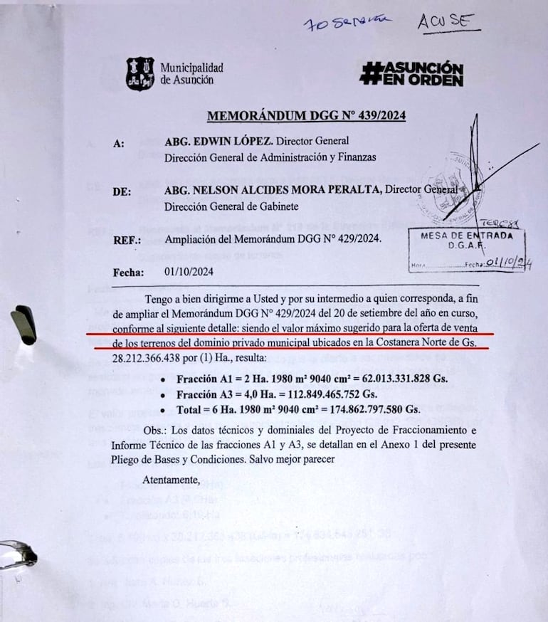 Documentos que Alvaro Grau publicó cuestionando el techo en la subasta de los terrenos de la Costanera de Asunción.