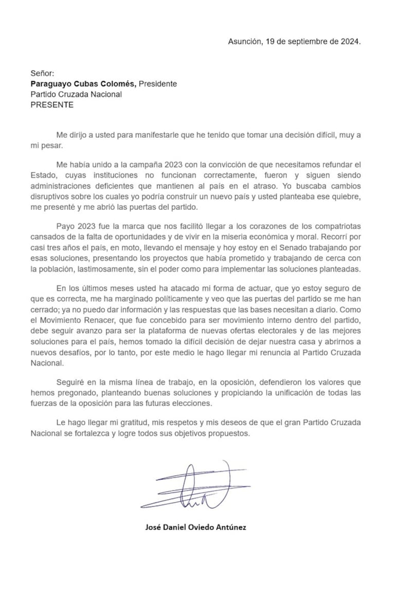 La carta del senador José Oviedo en la que informa sobre su renuncia al Partido Cruzada Nacional.