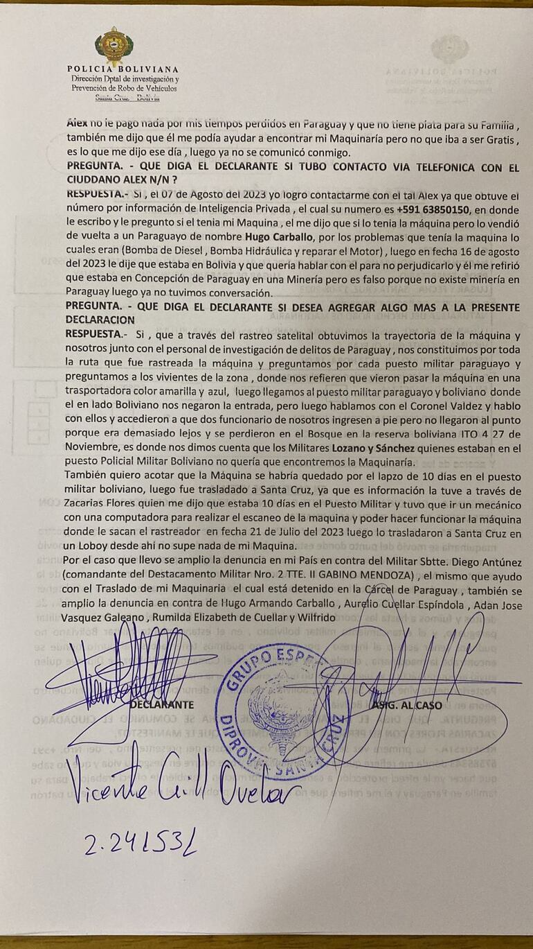 Parte de la denuncia radicada por el abogado de Ingetep SRL ante la Policía boliviana, donde detalla el seguimiento que realizó tras la desaparición de la maquinaria.