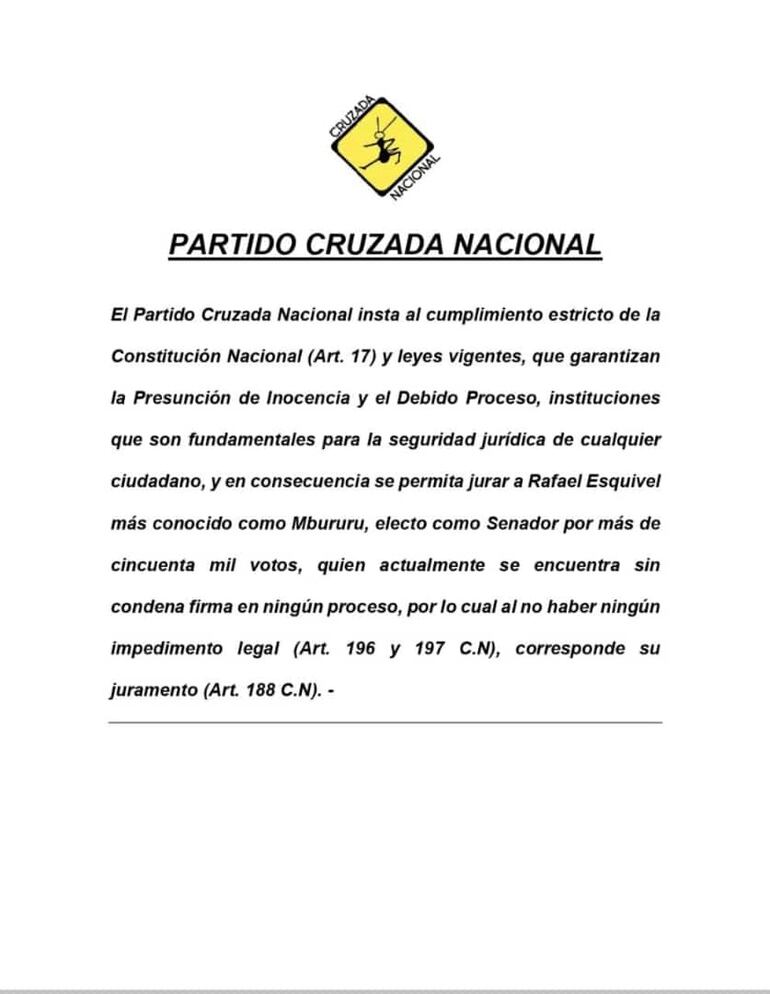 Comunicado del Partido Cruzada Nacional donde piden que se permita jurar a Rafael Ezequiel, alias Mbururu.