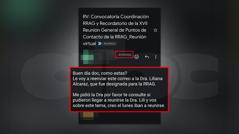 Correo electrónico que demostraría que ya en octubre de 2020 Liliana Alcaraz estaba designada como punto de contacto de la Red de Recuperación de Activos de Gafilat (RRAG)