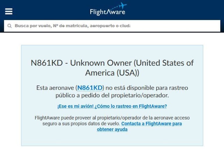 La web de FlightAware indica haber ocultado datos a pedido del propietario. Flightradar24 también ocultó el historial de vuelos de la aeronave.