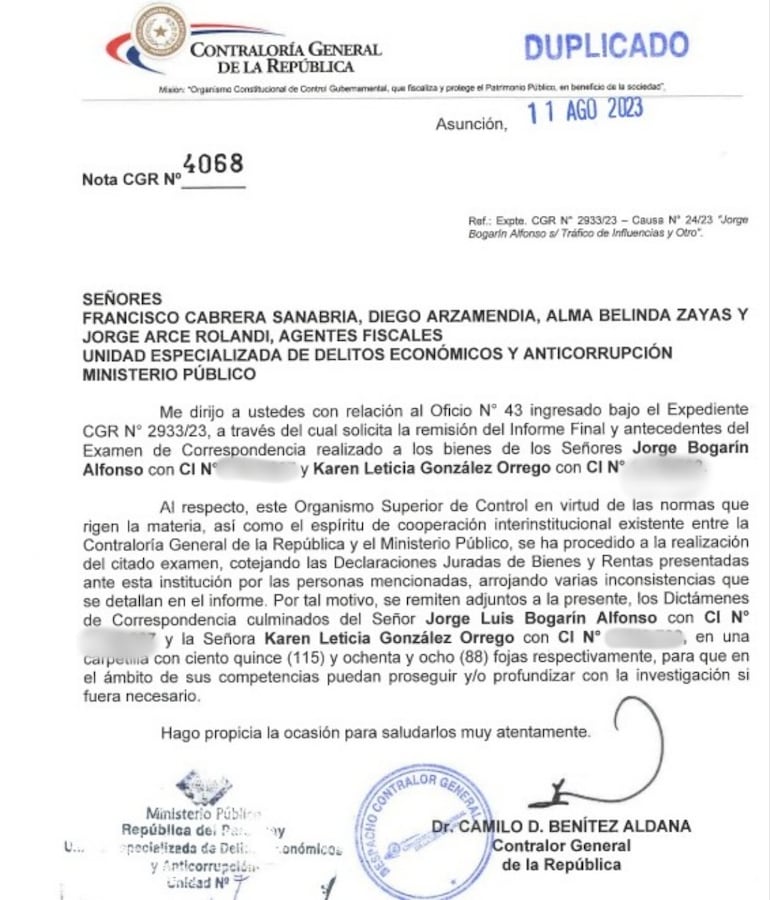 Documento presentado por la Contraloría.