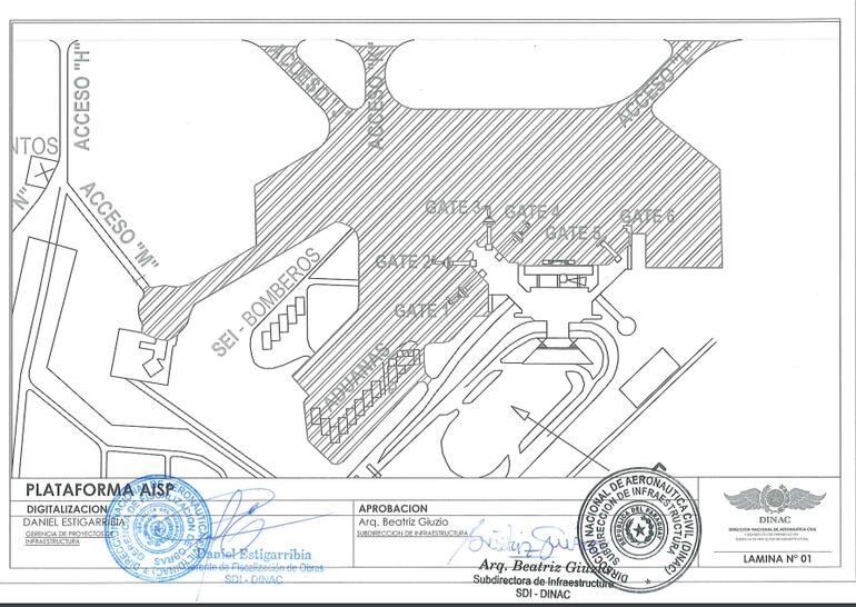 Plano de la plataforma del Aeropuerto Silvio Pettirossi, que debe ser intervenido.