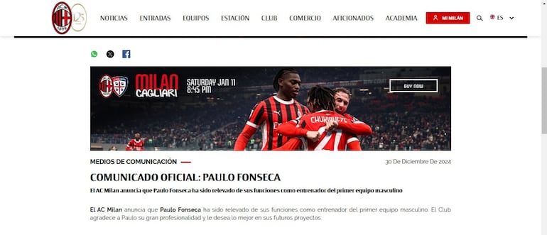 Milan anunció la destitución del entrenador portugués Paulo Fonseca.