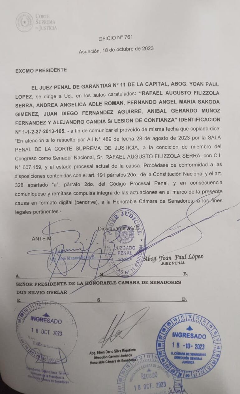 Pedido de desafuero contra Rafael Filizzola emitido por el juez penal de garantía Yoan Paul López por una causa de lesión de confianza abierta en el 2013 contra el legislador cuando era ministro del Interior.