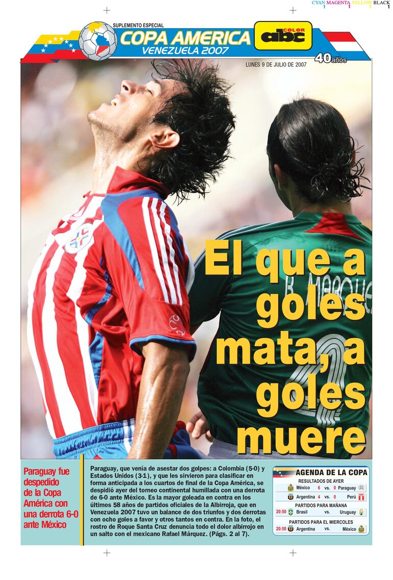 La portada del Diario ABC Color en el día después de la durísima caída ante México en Maturín por la Copa América 2007.