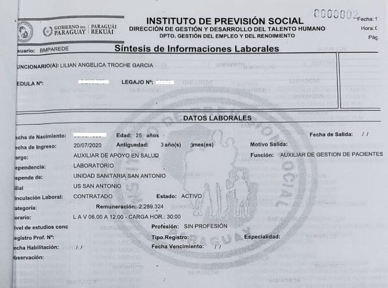 Lilian Angélica Troche García, es funcionaria contratada del IPS desde hace 3 años y 3 meses.