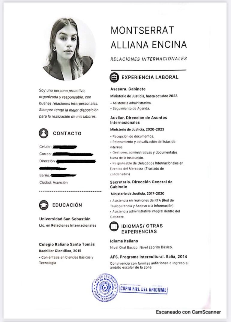 El currículum vitae de Montserrat Alliana Encina, hija del vicepresidente Pedro Alliana.