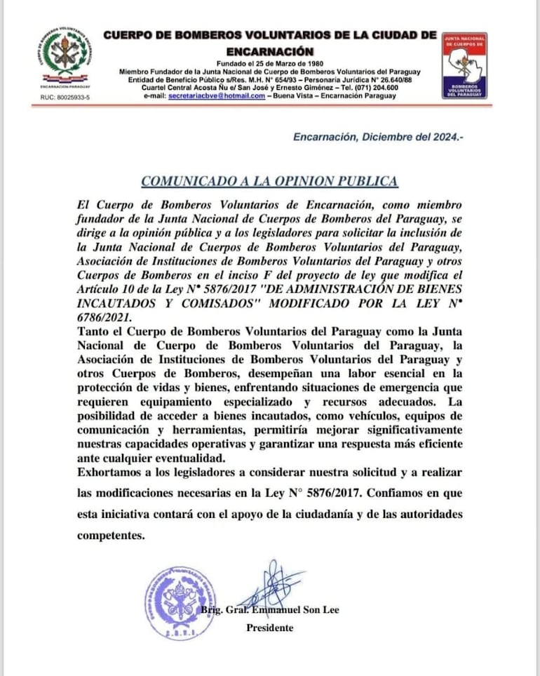 Organizaciones bomberiles piden ser incluidas en modificación de la ley de administración de bienes decomisados por Senabico.