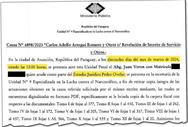 Acta confeccionada para la entrega de una copia integra del expediente a Juan Verón, enviado del abogado de Pedro Ovelar.