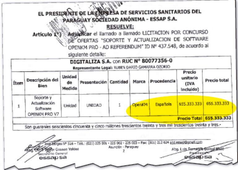 Parte de la resolución de la adjudicación  firmada por el presidente de la Essap, Luis Fernando Bernal.