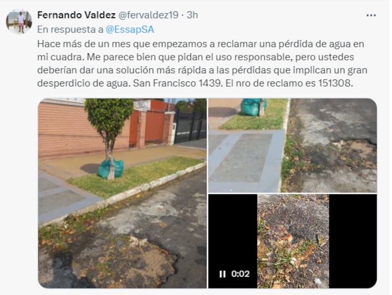 Usuario de la Essap denuncia que reclama la reparación de caños rotos desde hace más de un mes. Crítica a la aguatera por pedir el uso responsable, pero no solucionar la pérdida de agua.