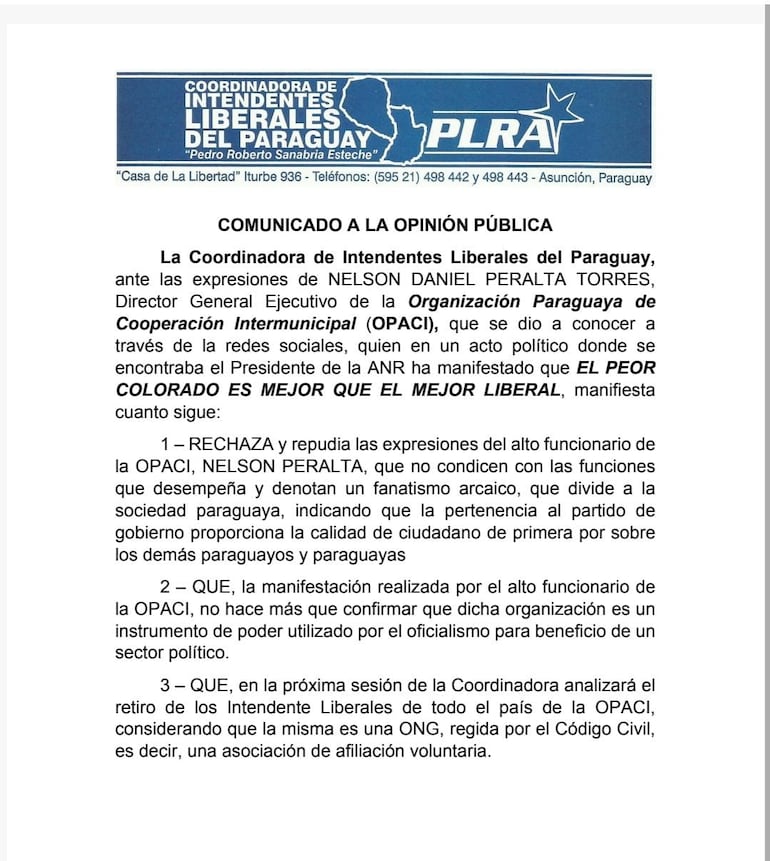 Comunicado de la Coordinadora de Intendentes Liberales del Paraguay amenazando retirarse de Opaci.