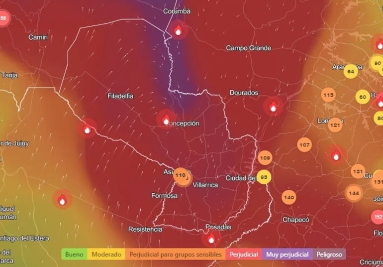 Así está la calidad del aire hoy en PAsí está la calidad del aire hoy en Paraguay, según IQ Air. Se observa el cambio de dirección del viento y la leve mejoría.