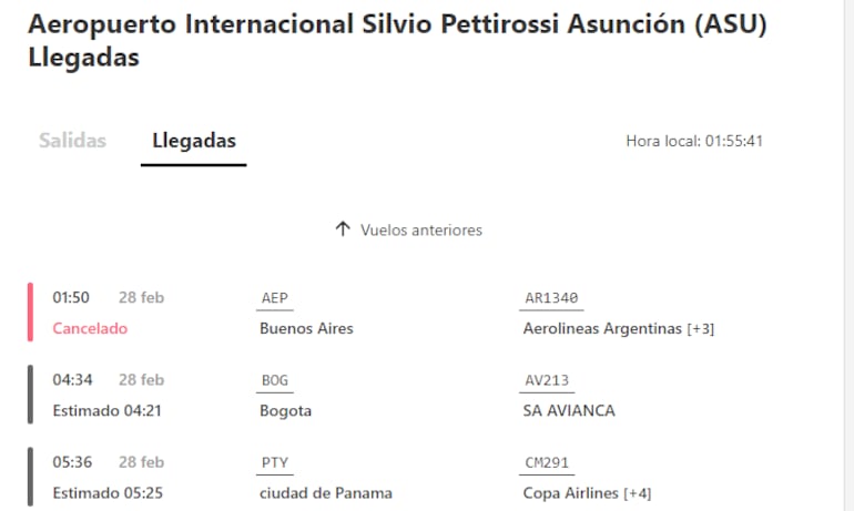 Los vuelos desde Buenos Aires al Aeropuerto Silvio Pettirossi figuran como cancelados.