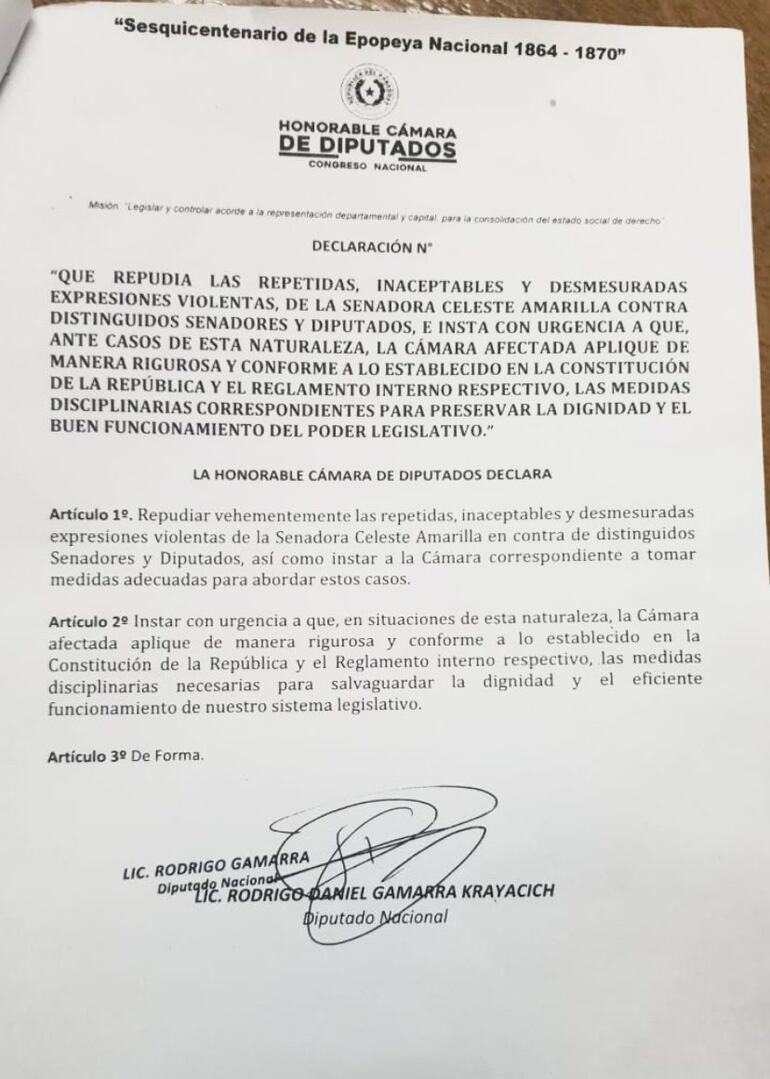 Pedido de la Cámara de Diputados que pide sancionar a la senadora liberal Celeste Amarilla.