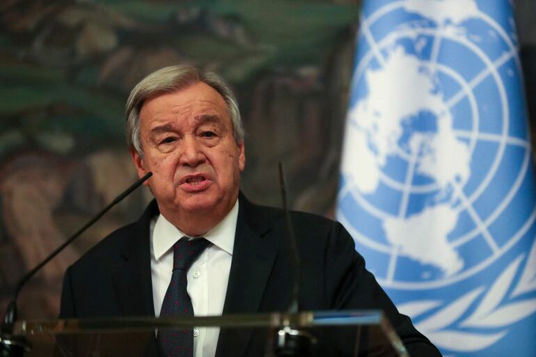 UN Secretary-General Antonio Guterres speaks during a joint press conference with Russian Foreign Minister following their talks in Moscow on April 26, 2022. (Photo by Maxim SHIPENKOV / POOL / AFP)