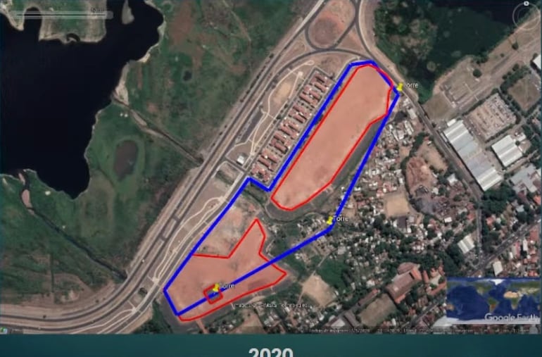 Imagen satelital de la zona de obras en 2020, cuando se concluyó el refulado. El concejal denuncia que no se cumplió con las 11 hectáreas contratadas por la Municipalidad de Asunción.