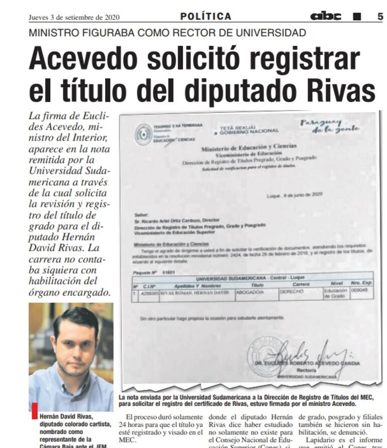 Facsimil de nuestra publicación sobre la nota remitida por Euclides Acevedo, ex rector de la Universidad Sudamericana y ex ministro del interior,  para habilitar el dudoso título del senador David Rivas.