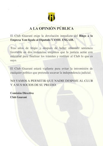 Comunicado del club Guaraní. (gentileza).