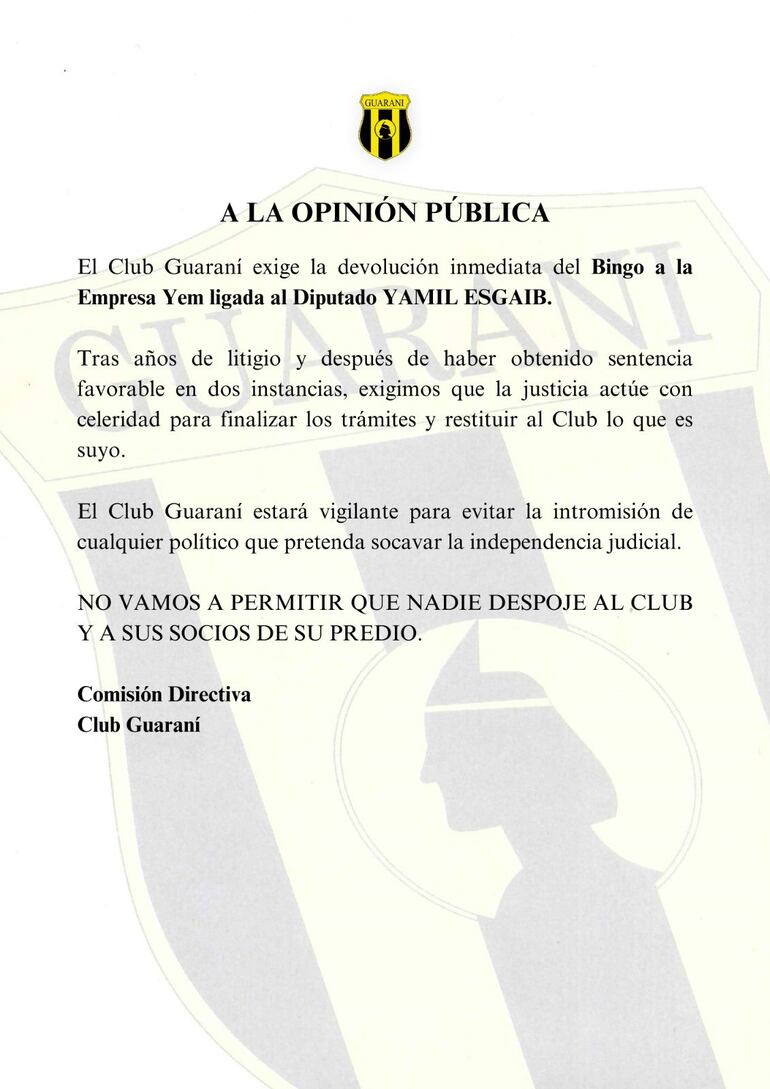 Comunicado del club Guaraní. (gentileza).